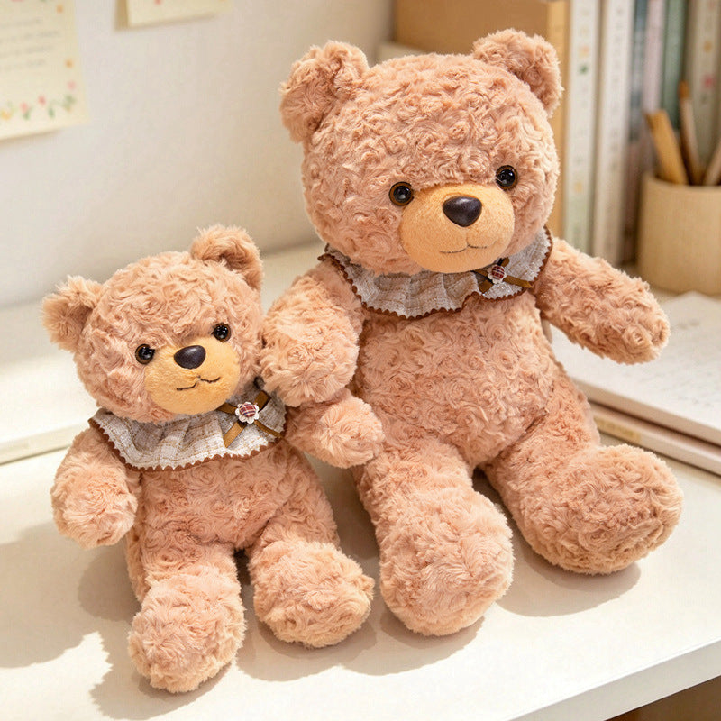 Curly-Fur Teddy Bear with Ruffled Plaid Collar and Embroidered Nose Kalsten