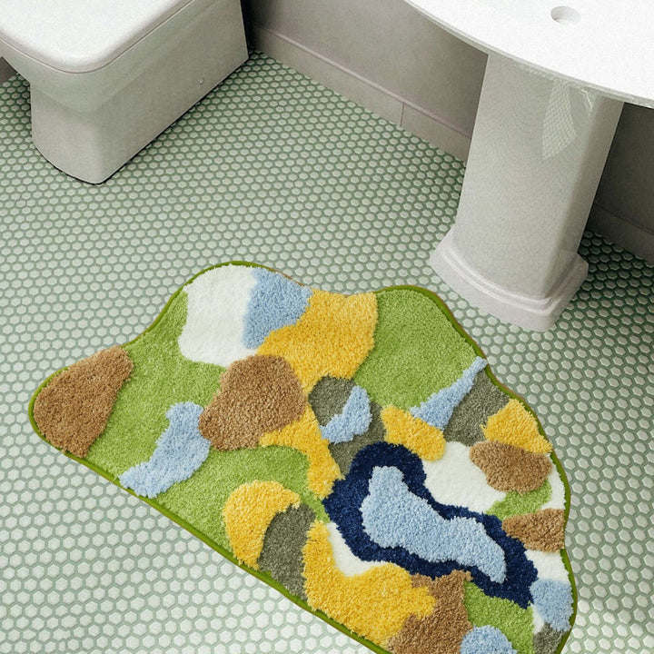High-pile bathroom rug in organic shape with abstract textured pile Kalsten