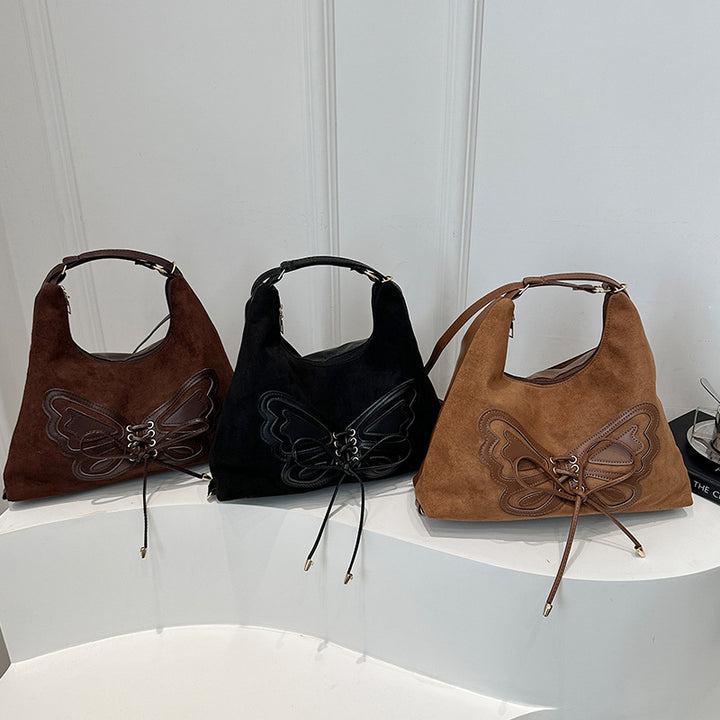 Butterfly Embellished Suede Hobo Bag