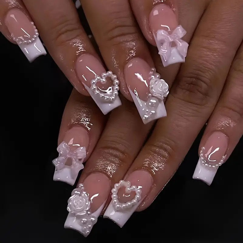 Artificial nail set with romantic 3D heart and flower decorations Kalsten