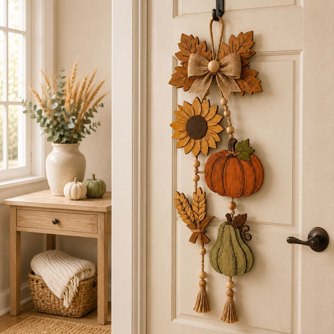 Autumn wall hanging garland in wood look with pumpkin, sunflower and tassels