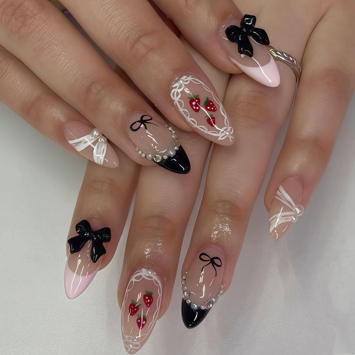 Artistic Press-On Nail Set with Bow and Berry Design Kalsten
