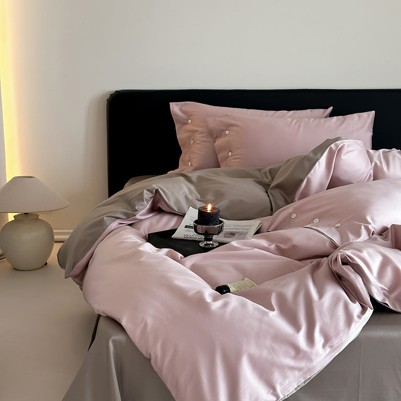 Reversible bedding set made of fine cotton satin with button placket and contrasting back