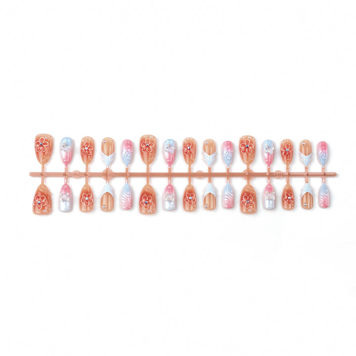 Handmade Press-On Nail Set with Floral and Butterfly Designs