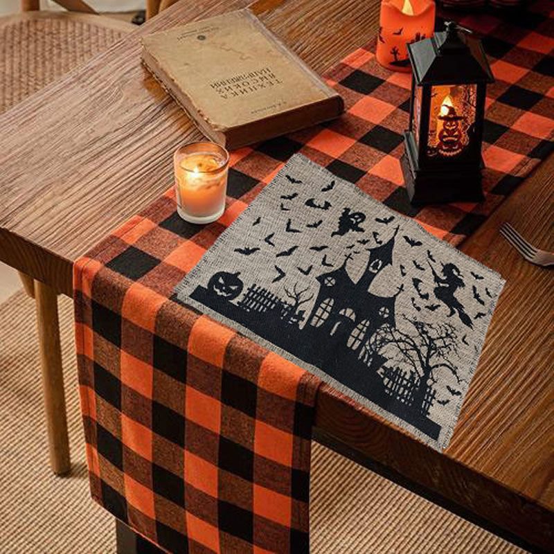 Jute Table Runner Halloween Spooky House Print with Fringed Edge