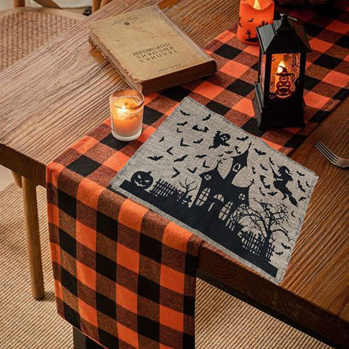 Jute Table Runner Halloween Spooky House Print with Fringed Edge