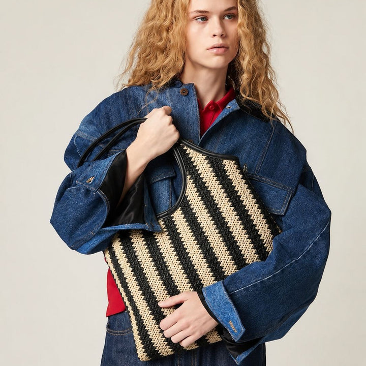 Striped Woven Tote Bag Set