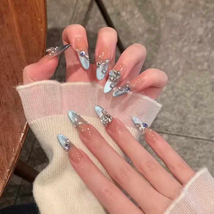 Artistic Press-On Nail Set with Floral and Gemstone Accents Kalsten