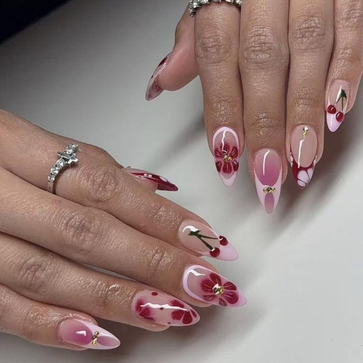 Artistic Floral and Cherry-Embellished Press-On Nails Kalsten