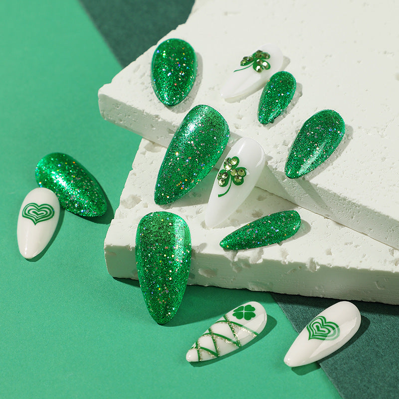 Artistic Stiletto Nails with Glitter and Clover Leaf Designs Kalsten