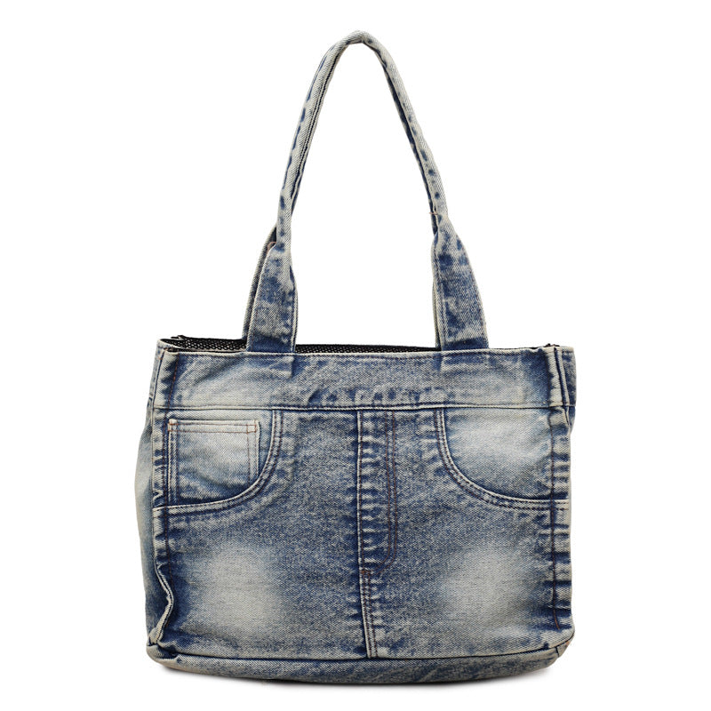 Denim-Inspired Multi-Pocket Tote Bag