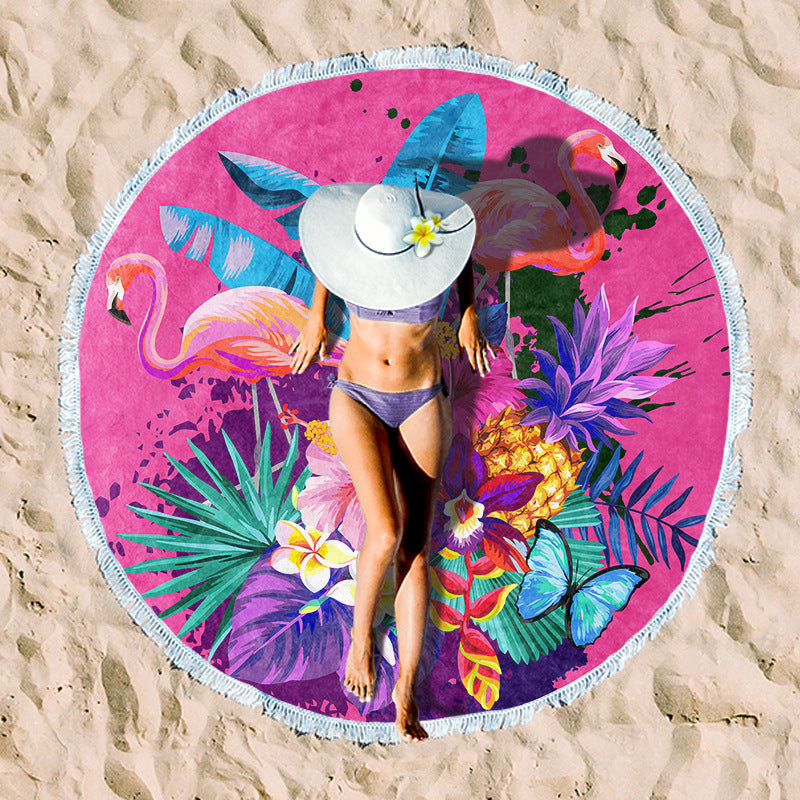 Round beach towel with tropical leaf print and fringe decoration Kalsten