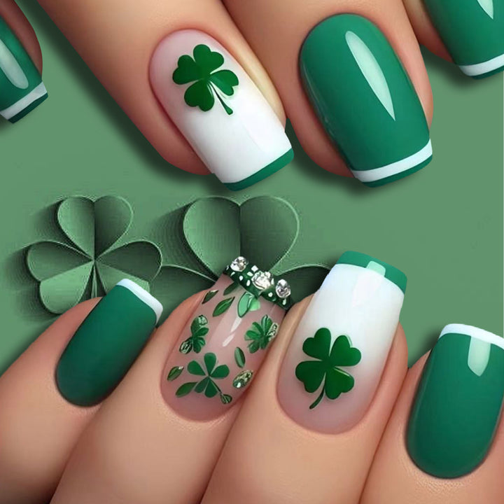 Glamorous Press-On Nail Art Set with Clover Motif Kalsten