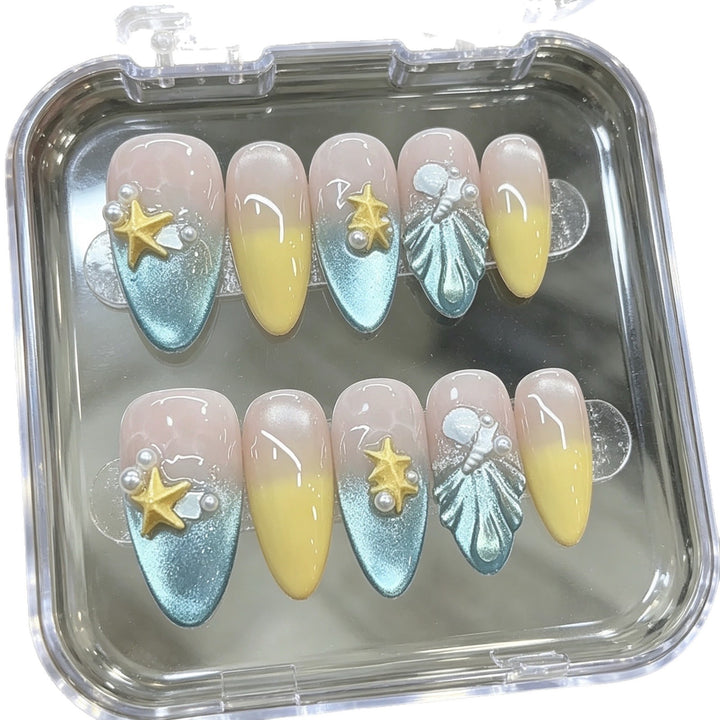 Decorative Press-On Nail Set with Ocean-Inspired Designs Kalsten