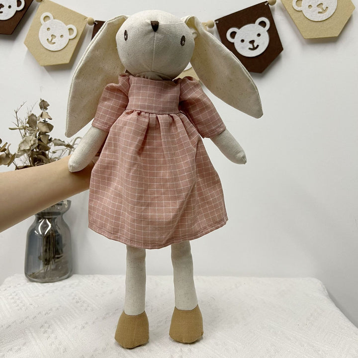 Handmade Organic Cotton Long-Leg Bunny Plush with Embroidered Overalls