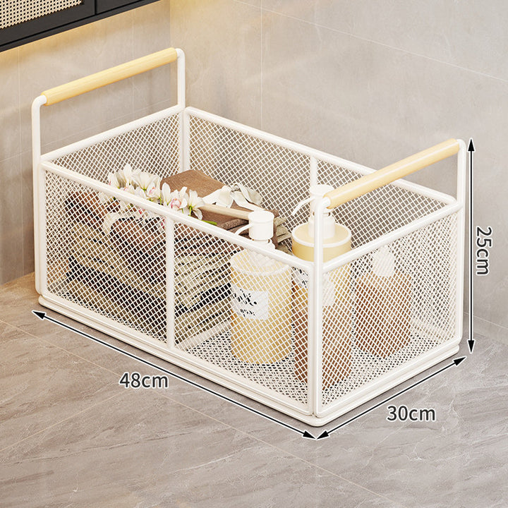 Mesh Metal Storage Organizer Basket with Wooden Grip Handles