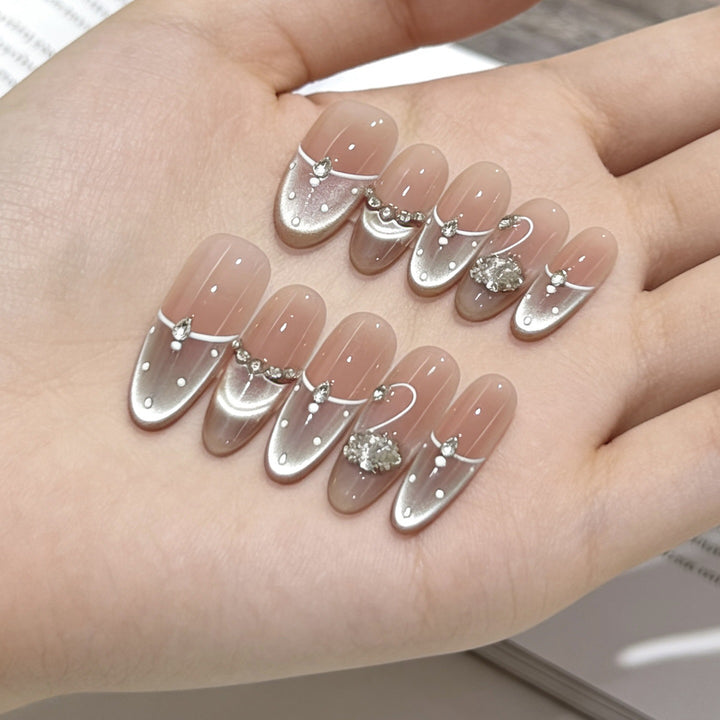 Decorative Press-On Nails with Elegant Swan and Gemstone Accents Kalsten