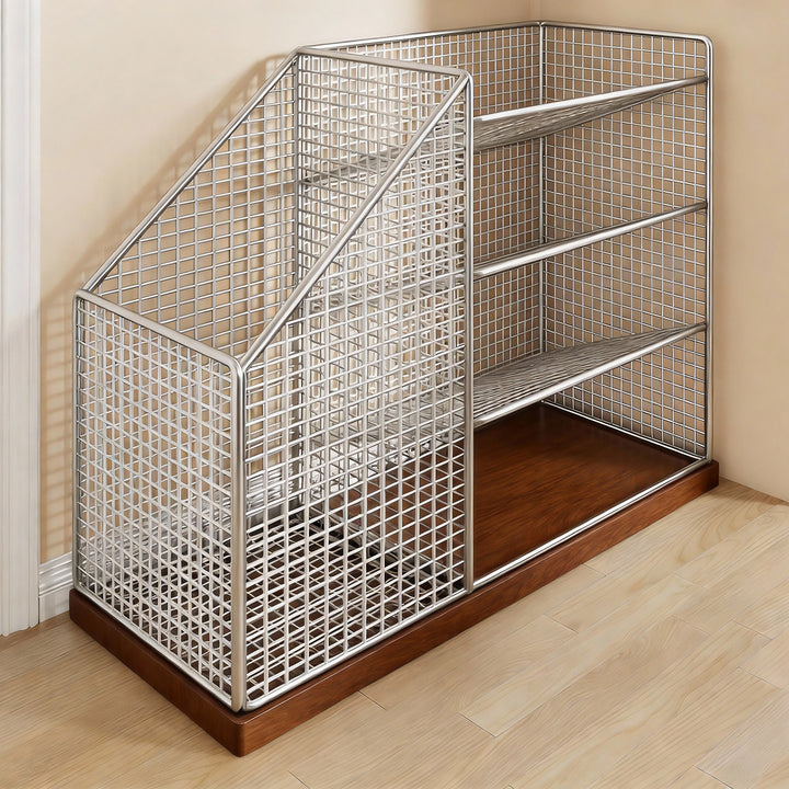 Vertical Metal Mesh File and Magazine Organizer with Angled Divider and Wooden Base