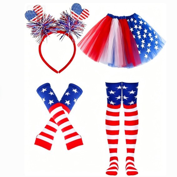Women's Independence Day tulle tutu skirt with oversized bow headband over-the-knee star-striped stockings and matching arm sleeves Kalsten