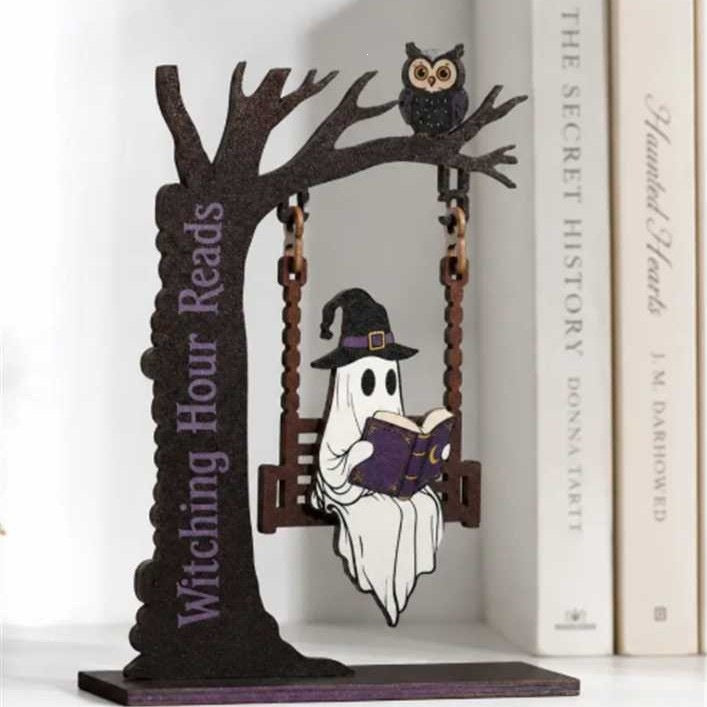 Whimsical Ghost and Cat Hanging Sign Sculpture Kalsten