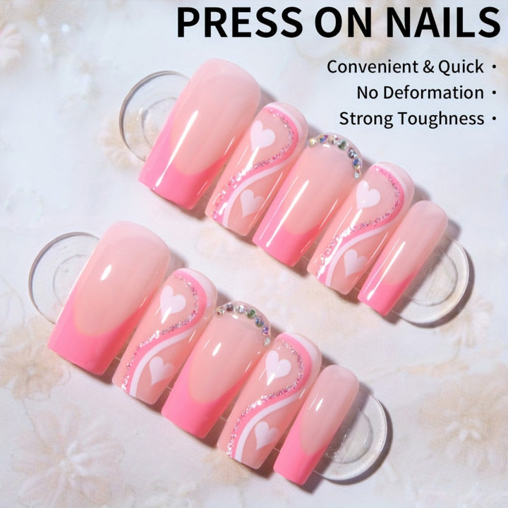 Artificial nail set with romantic heart designs and glamorous accents Kalsten