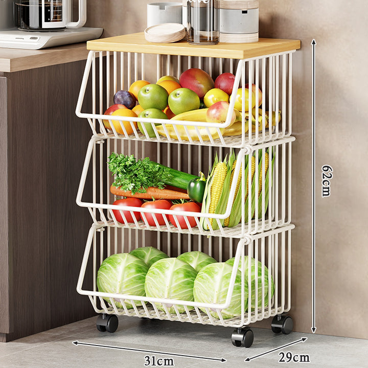 Slim Vertical Rolling Wire Produce and Pantry Organizer Cart with Wood Top