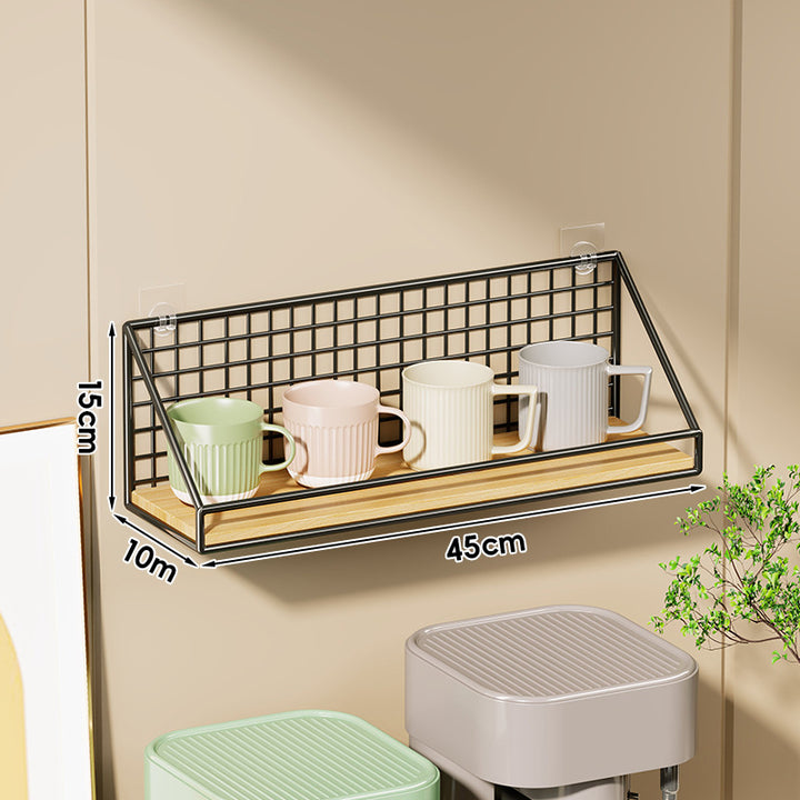 Ventilated Grid Wall Shelf with Wood-Look Tray and Clear Suction Mounts