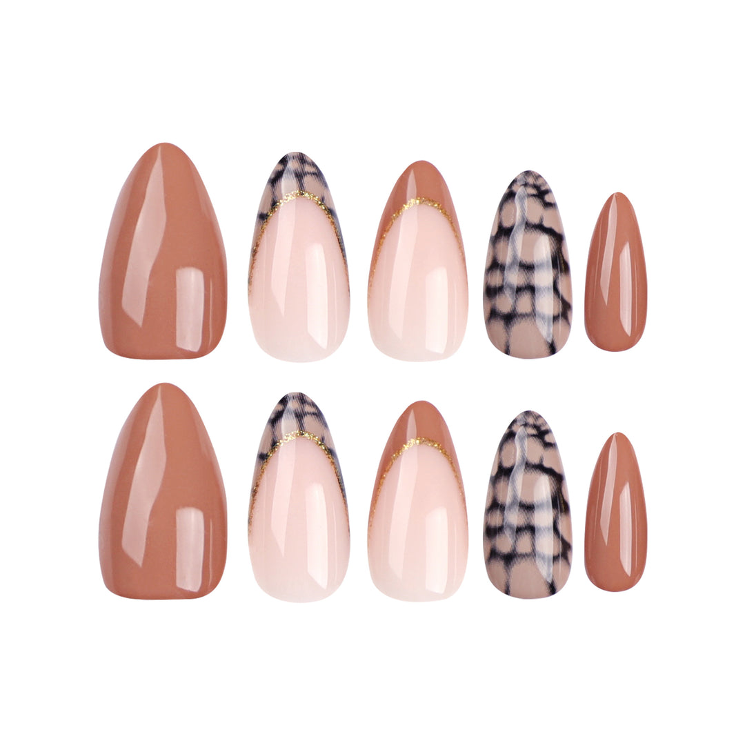 Artful stiletto nails with elegant gold decoration Kalsten