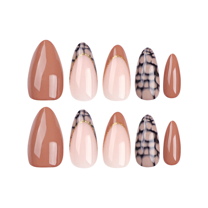 Artful stiletto nails with elegant gold decoration Kalsten