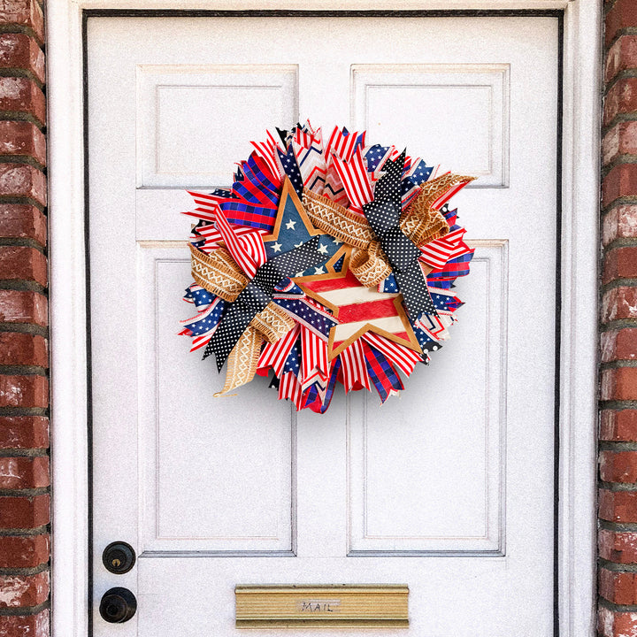 Unisex nan more patriotic door wreath with wooden star, multi-layered fabric bows and rustic jute ribbon Kalsten