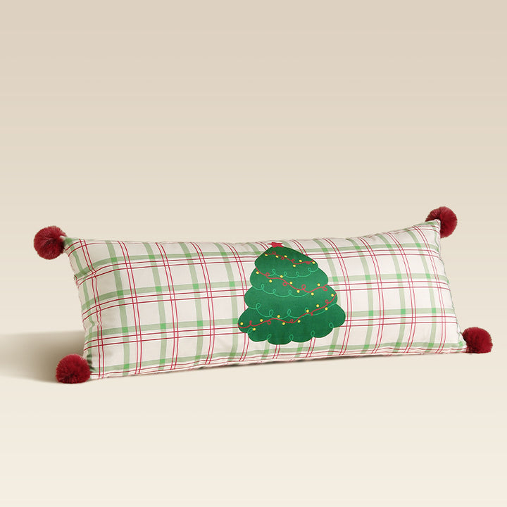 Long decorative lumbar and neck pillow in Christmas check with pompom and dog-tree motif Kalsten