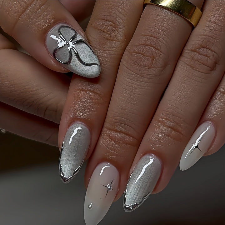 Elegant Stiletto Nail Art Extensions with Silver Accents Kalsten