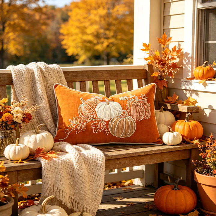Embroidered Autumn Pumpkin Decorative Throw Pillow