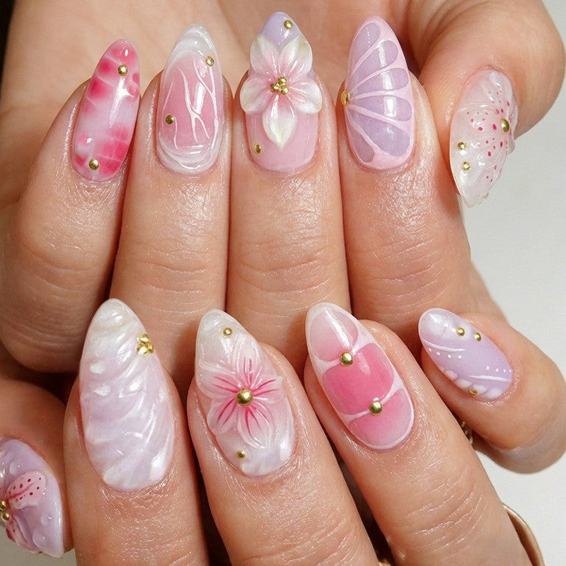 Acrylic nail set with elegant floral design and 3D accents Kalsten