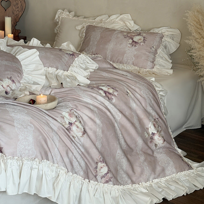 Romantic Ruffled Bed Linen Set with Lace Stripes and Floral Motif
