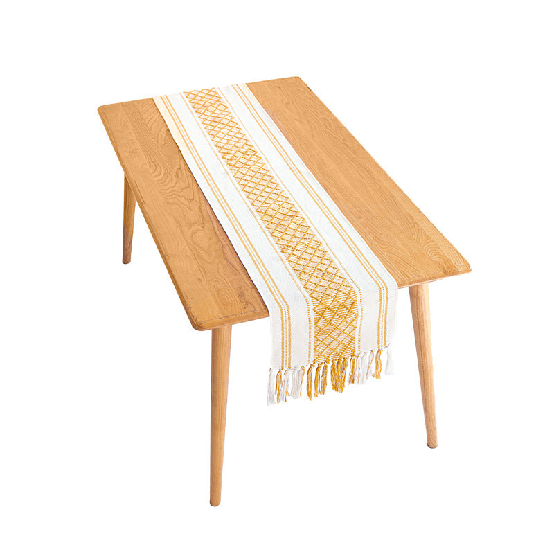 Handwoven cotton table runner with ethnic diamond pattern and fringes Kalsten