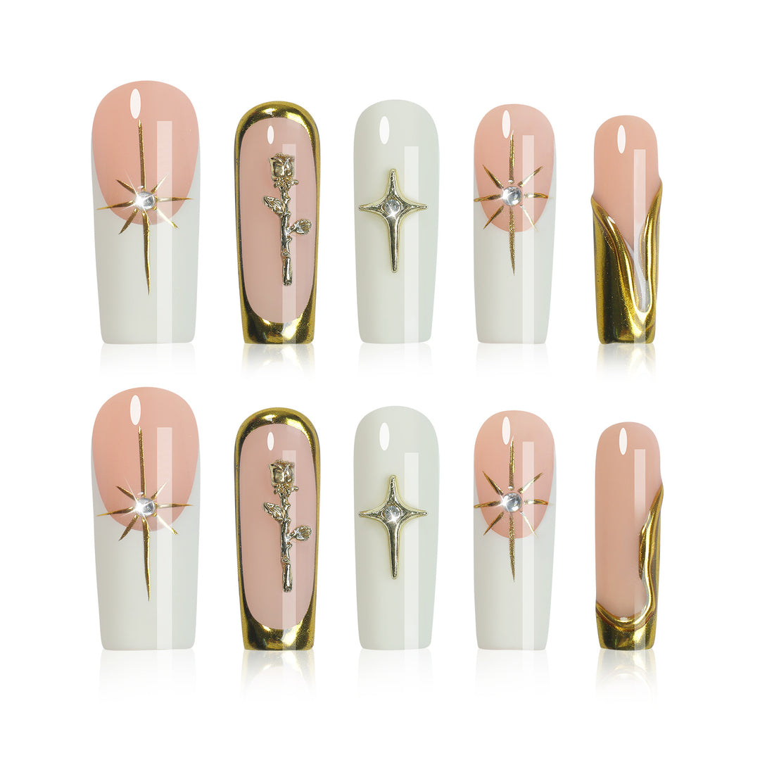 Creative nail art set with golden accents and floral details Kalsten