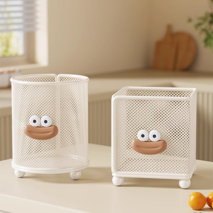 Mesh Square Utensil Holder Tabletop Kitchen Organizer with Playful Face and Raised Feet