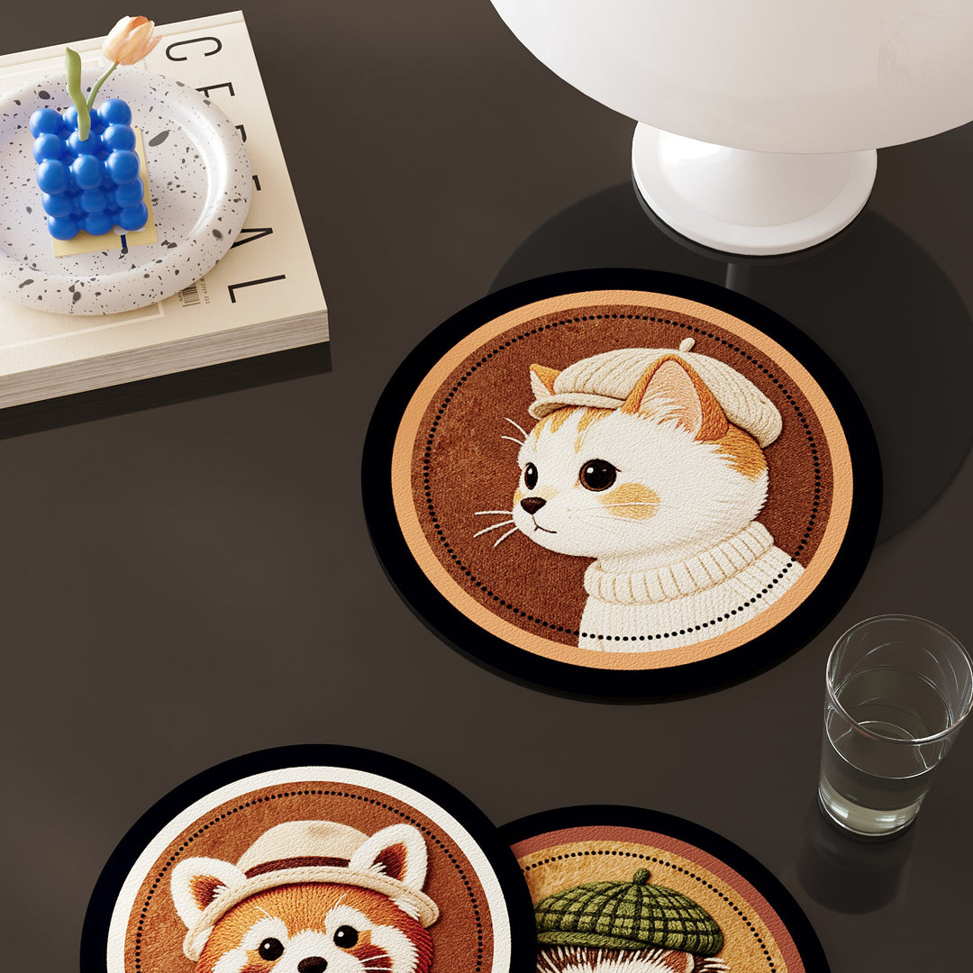 Round Embroidered Faux-Leather Drink Coaster Set with Non-Slip Backing