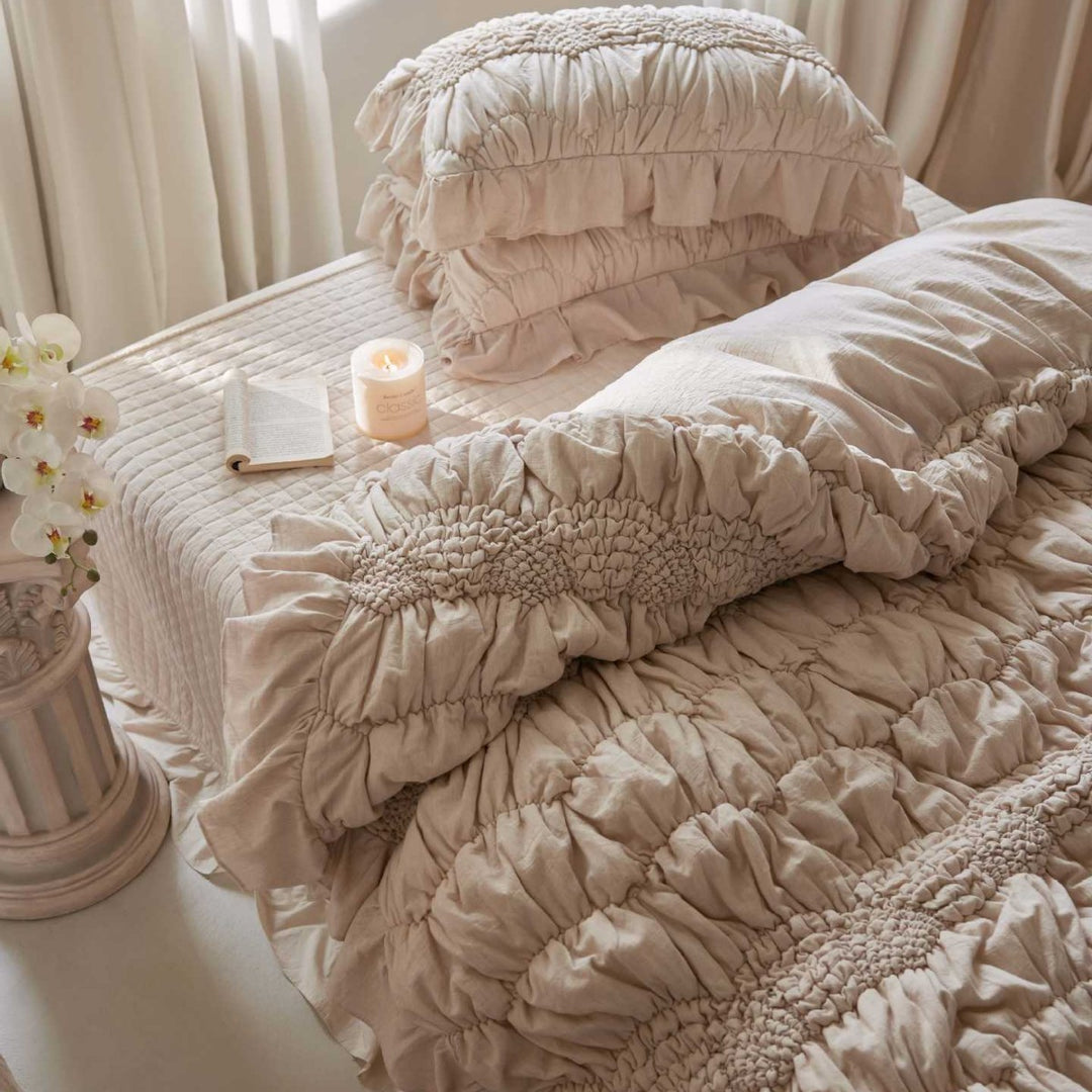 Luxurious cotton bedding set with ruffles and smocking look