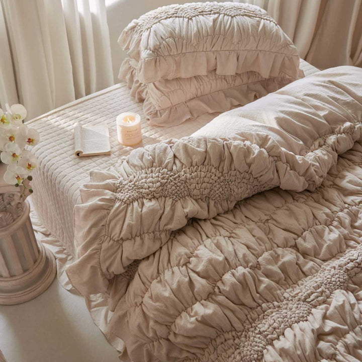 Luxurious cotton bedding set with ruffles and smocking look