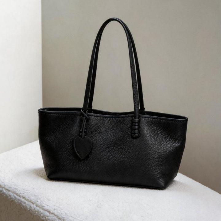 Pebbled Faux Leather Rectangular Tote Bag with Long Cord Shoulder Handles & Heart Charm