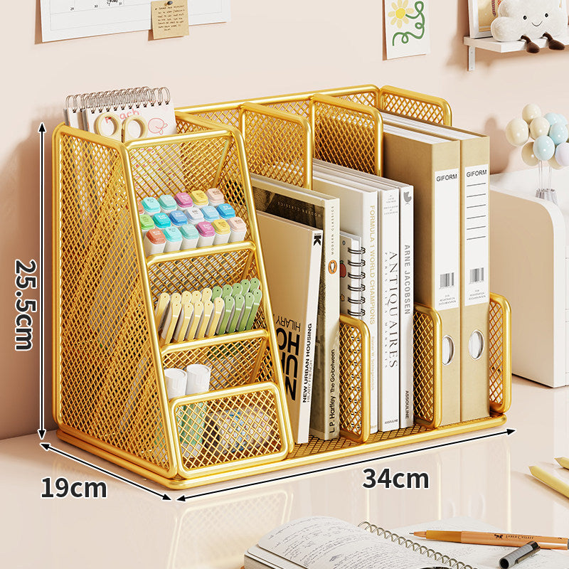 Mesh Multi-Section Desktop File & Stationery Organizer with Angled Pen Tiers