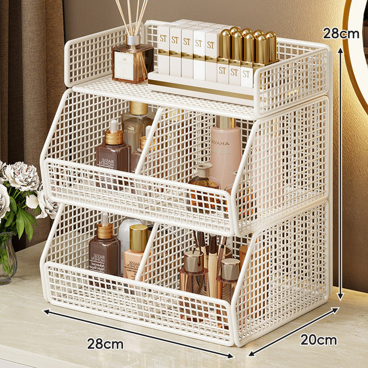 Two-Tier Metal Grid Countertop Vanity Organizer Shelf with Raised Front Lip