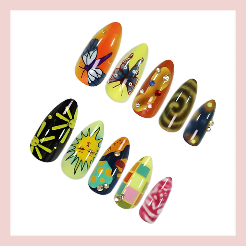 Acrylic nail set with creative summer motifs and sparkling accents Kalsten