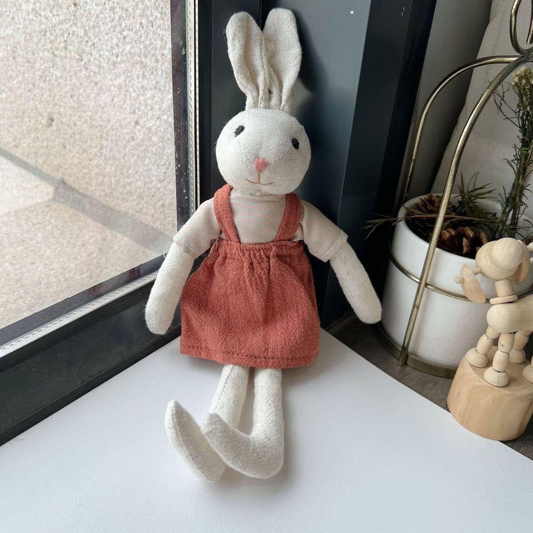 Handcrafted Organic Cotton Bunny Doll with Linen Jacket and Plaid Shorts