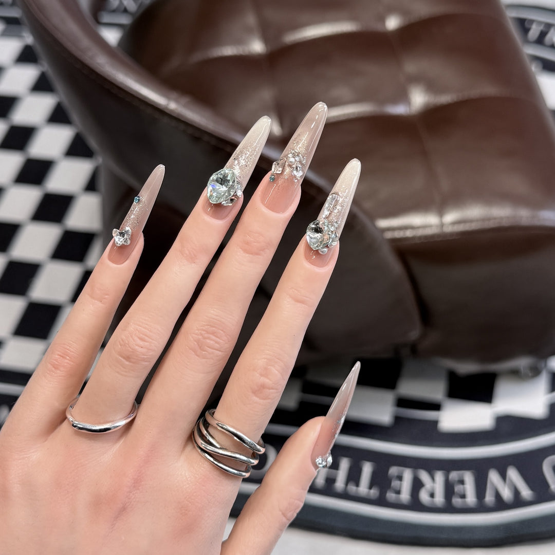 Glamorous Stiletto Press-On Nail Tips with Crystal Embellishments Kalsten