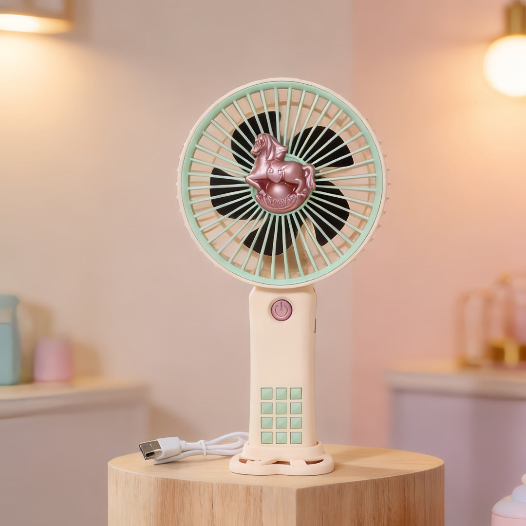 Ladies portable hand fan with playful horse motif Kalsten