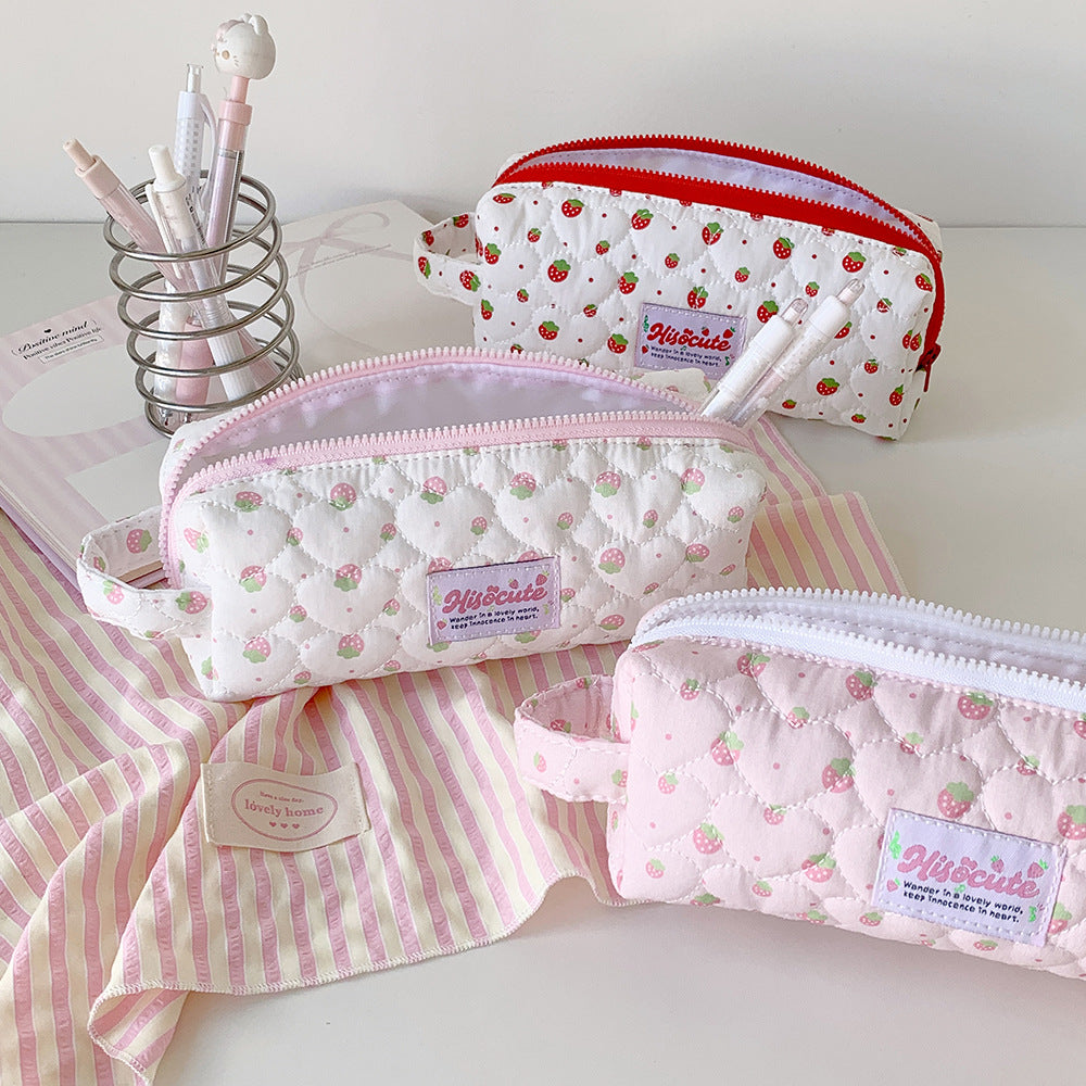 Quilted Strawberry Print Pencil Case