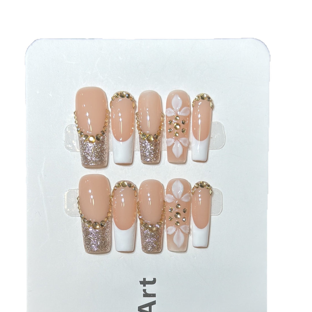 Luxurious Glittery Press-On Nail Art Set with Decorative Floral Accents Kalsten
